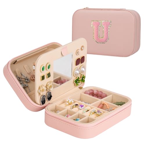 TopPerfekt Reise-Schmuckkästchen, Reise-Schmuckschatulle mit Spiegel, Schmuck-Organizer, Brautparty, Geschenke für sie, Ohrring-Reiseetui, trendiges Geschenk für Damen und Mädchen (U, Rosa) von TopPerfekt