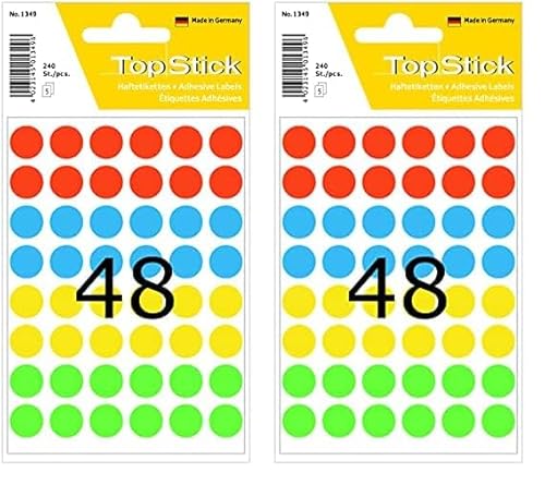TopStick 1349 Punktaufkleber Klebepunkte bunt, 240 Stück, Ø 13 mm, 48 pro Bogen, selbstklebend, Markierungspunkte für Kalender Planer Basteln, matt, blanko Papier Farbpunkte Aufkleber (Packung mit 2) von TopStick
