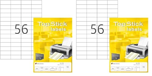 TopStick 8700 Universal Etiketten, 100 Blatt, 52,5 x 21,2 mm, 56 pro A4 Bogen, 5600 Stück, selbstklebend, bedruckbar, matt, blanko Papier Klebeetiketten Aufkleber, weiß (Packung mit 2) von TopStick