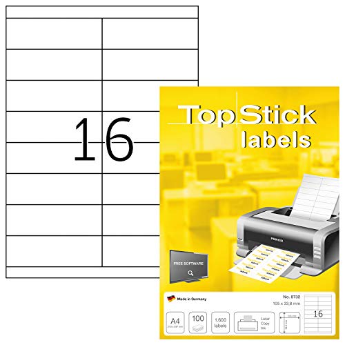 TopStick 8732 Universal Etiketten, 1000 Blatt, 105 x 33,8 mm, 16 pro A4 Bogen, 16000 Stück, selbstklebend, bedruckbar, matt, blanko Papier Klebeetiketten Aufkleber, weiß TopStick 8732 Universal Etiketten, 1000 Blatt, 105 x 33,8 mm, 16 pro A4 Bogen, 16000 Stück, selbstklebend, bedruckbar, matt, blanko Papier Klebeetiketten Aufkleber, weiß von TopStick
