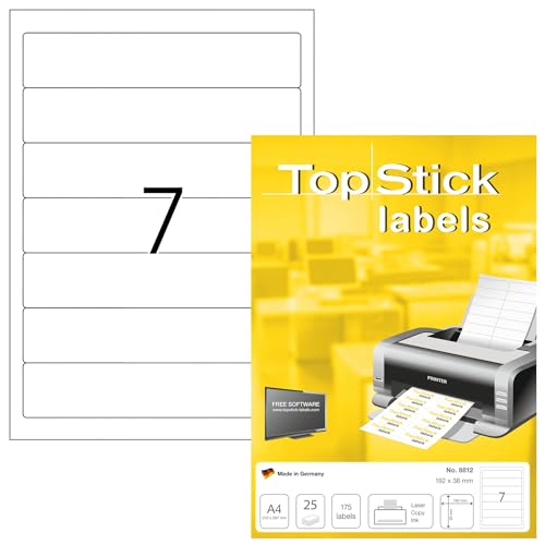 TopStick 8812 Ordnerrücken Etiketten kurz schmal, 25 Blatt, 192 x 38 mm, 7 pro A4 Bogen, 175 Stück, selbstklebend, bedruckbar, blickdicht, blanko Papier Ordneretiketten Rückenschilder Aufkleber, weiß von TopStick