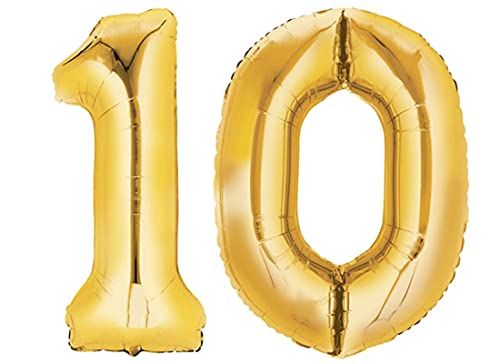 Folienballon Nummer 10 Gold XXL über 90 cm hoch - Zahlenballon/Luftballon für Geburstagsparty, Jubiläum oder sonstige feierliche Anlässe (Zahl 10) von TopTen
