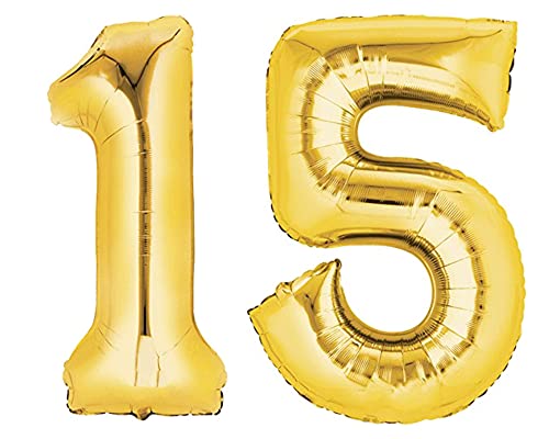 Folienballon Nummer 15 Gold XXL über 90 cm hoch - Zahlenballon/Luftballon für Geburstagsparty, Jubiläum oder sonstige feierliche Anlässe (Zahl 15) von TopTen