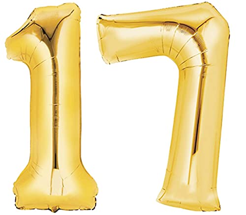 Folienballon Nummer 17 Gold XXL über 90 cm hoch - Zahlenballon/Luftballon für Geburstagsparty, Jubiläum oder sonstige feierliche Anlässe (Zahl 17) von TopTen