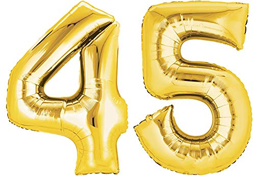 Folienballon Nummer 45 Gold XXL über 90 cm hoch - Zahlenballon/Luftballon für Geburstagsparty, Jubiläum oder sonstige feierliche Anlässe (Zahl 45) von TopTen