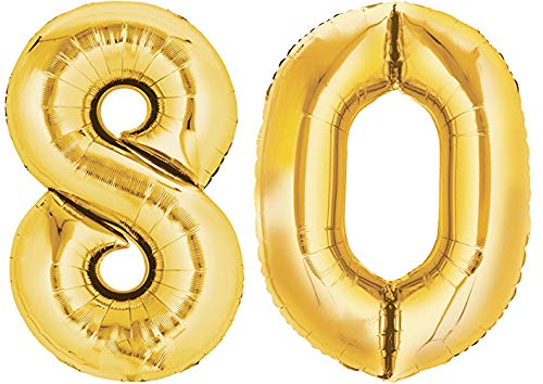 Folienballon Nummer 80 Gold XXL über 90 cm hoch - Zahlenballon/Luftballon für Geburstagsparty, Jubiläum oder sonstige feierliche Anlässe (Zahl 80) von TopTen