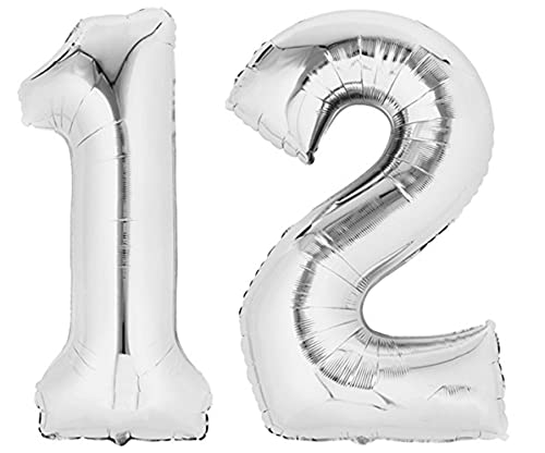 Folienballon Zahl 12 Silber XXL über 90 cm hoch - Zahlenballon/Luftballon für Geburstagsparty, Jubiläum oder sonstige feierliche Anlässe (Zahl 12) von TopTen