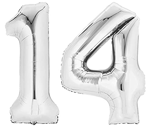 Folienballon Zahl 14 Silber XXL über 90 cm hoch - Zahlenballon/Luftballon für Geburstagsparty, Jubiläum oder sonstige feierliche Anlässe (Zahl 14) von TopTen