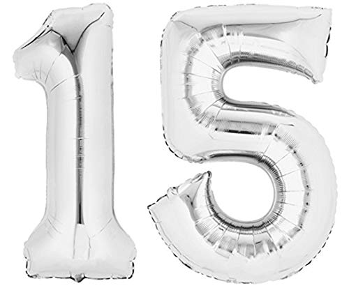 TopTen Folienballon Zahl 15 Silber XXL über 90 cm hoch - Zahlenballon/Luftballon für Geburtstagsparty, Jubiläum oder sonstige feierliche Anlässe (Nummer 15) von TopTen