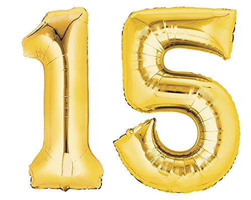 TopTen Folienballon Zahl 15 XL Gold ca. 70 cm hoch - Zahlenballon für Ihre Geburstagsparty, Jubiläum oder sonstige feierliche Anlässe (Nummer 15) von TopTen