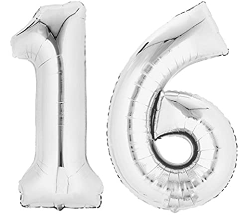 TopTen Folienballon Zahl 16 Silber XXL über 90 cm hoch - Zahlenballon/Luftballon für Geburtstagsparty, Jubiläum oder sonstige feierliche Anlässe (Nummer 16) von TopTen