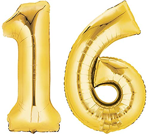 TopTen Folienballon Zahl 16 XL Gold ca. 80 cm hoch - Zahlenballon für Ihre Geburstagsparty, Jubiläum oder sonstige feierliche Anlässe (Nummer 16) von TopTen