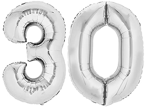 Folienballon Zahl 30 Silber XXL über 90 cm hoch - Zahlenballon/Luftballon für Geburtstagsparty, Jubiläum oder sonstige feierliche Anlässe (Nummer 30) von TopTen