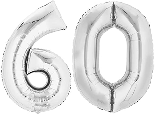 Folienballon Zahl 60 Silber XXL über 90 cm hoch - Zahlenballon/Luftballon für Geburtstagsparty, Jubiläum oder sonstige feierliche Anlässe (Nummer 60) von TopTen