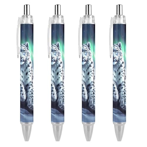 Snow Leopard Aurora Borealis Kugelschreiber, 0,5 mm, feine Spitze, einziehbare Kugelschreiber, flexibel, runder Schaft, Arbeitsstift, 4 Stück von TopZeDeals