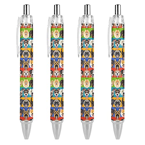 TopZeDeals Bunte Hunde, einziehbarer Kugelschreiber, 0,5 mm, feine Spitze, schnelltrocknend, glattes Schreiben, Schwarz, 4 Stück von TopZeDeals