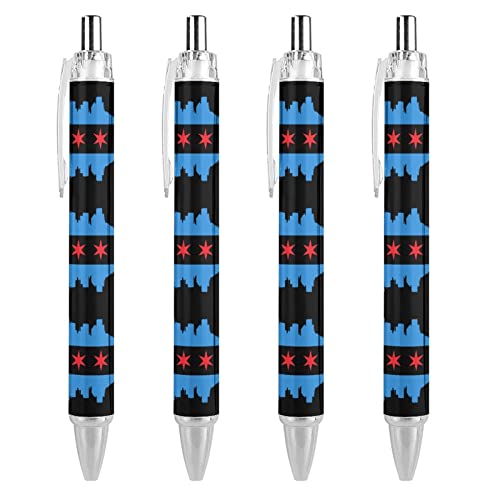 TopZeDeals Chicago Flag with Buildings Skyline Kugelschreiber, 0,5 mm, feine Spitze, schnelltrocknend, glattes Schreiben, Schwarz, 4 Stück von TopZeDeals