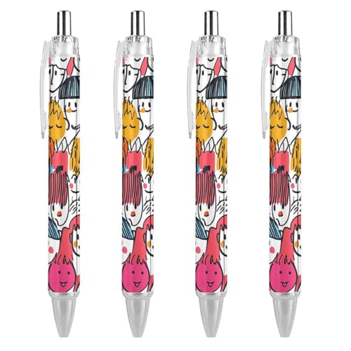 TopZeDeals Handgezeichnete Graffiti-Kugelschreiber mit Cartoon-Gesichtern, 0,5 mm, feine Spitze, einziehbare Kugelschreiber, flexibel, runder Schaft, Arbeitsstift, 4 Stück von TopZeDeals