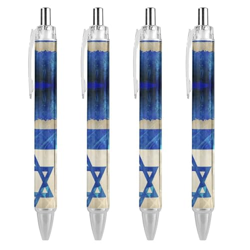TopZeDeals Kugelschreiber, Vintage-Stil, israelische Flagge, 0,5 mm, feine Spitze, einziehbar, flexibel, runder Schaft, 4 Stück von TopZeDeals