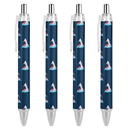 TopZeDeals Kugelschreiber mit Haifischmuster, schwarz, einziehbar, 0,5 mm, feine Spitze, schnelltrocknend, glattes Schreiben, 4 Stück von TopZeDeals