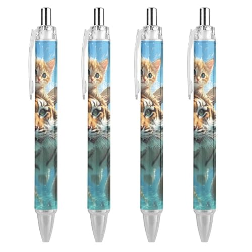 TopZeDeals Kugelschreiber mit Katze und Tiger, schwimmen im Ozean, 0,5 mm, feine Spitze, einziehbare Kugelschreiber, flexibel, runder Schaft, Arbeitsstift, 4 Stück von TopZeDeals