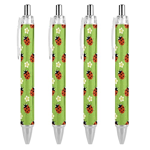 TopZeDeals Kugelschreiber mit Marienkäfer mit Blumen, schwarz, einziehbar, 0,5 mm, feine Spitze, schnelltrocknend, glattes Schreiben, 4 Stück von TopZeDeals