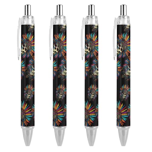 TopZeDeals Kugelschreiber mit indischem Totenkopf, bunt, schwarze Tinte, 0,5 mm, glattes Schreiben, Notizen, Zubehör für Büro, 4 Stück von TopZeDeals