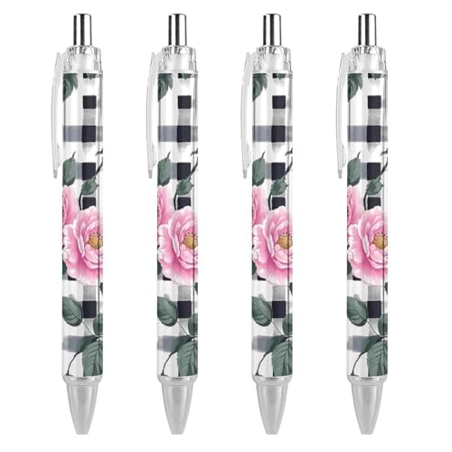 TopZeDeals Roses Kugelschreiber mit kariertem Hintergrund, 0,5 mm, feine Spitze, einziehbare Kugelschreiber, flexibel, runder Schaft, Arbeitsstift, 4 Stück von TopZeDeals
