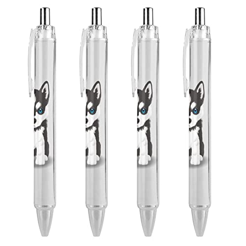 TopZeDeals Siberian Husky Puppy Kugelschreiber, einziehbar, 0,5 mm, feine Spitze, schnelltrocknend, glattes Schreiben, Schwarz, 4 Stück von TopZeDeals