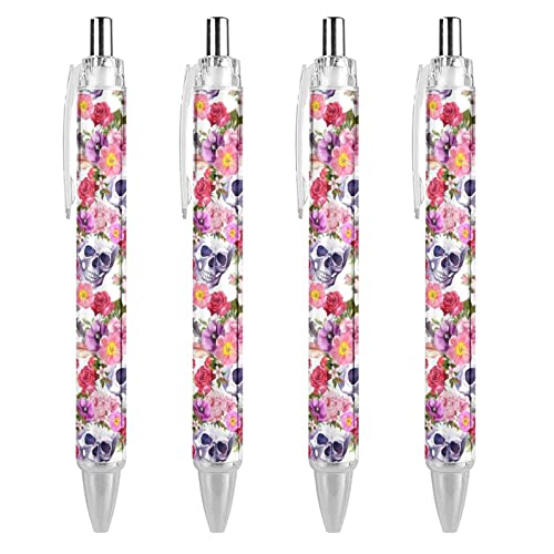 TopZeDeals Skulls Rose Kugelschreiber, einziehbar, 0,5 mm, feine Spitze, schnelltrocknend, glattes Schreiben, 4 Stück von TopZeDeals