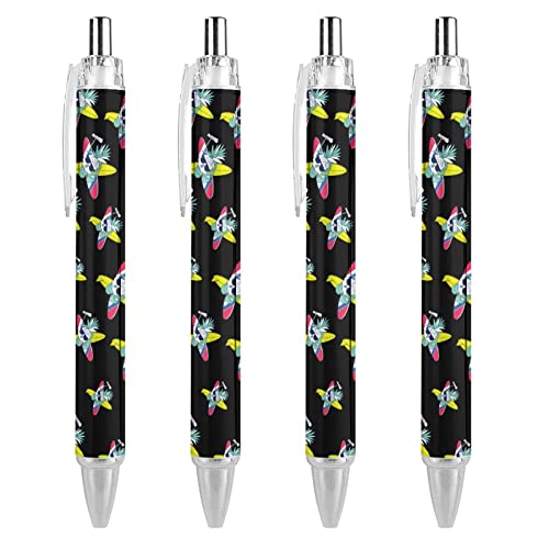 TopZeDeals Surfboard Skull Ananas schwarzer einziehbarer Kugelschreiber, 0,5 mm, feine Spitze, schnelltrocknend, glattes Schreiben, 4 Stück von TopZeDeals
