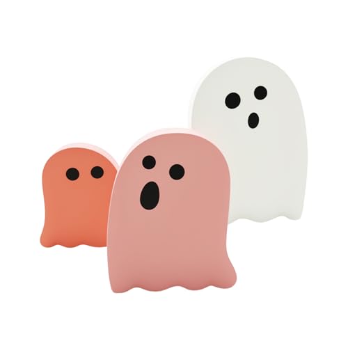 Toparad Halloween-Geister-Dekorationen für den Innenbereich, Set mit 3 gruseligen Holzfiguren, Tischdekoration, abgestufte Tablett-Dekorationen, Party, Zuhause, Regal, Kaminsims (Rosa) von Toparad