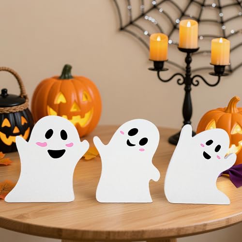 Toparad Halloween-Geister-Dekorationen für den Innenbereich, Set mit 3 gruseligen Holzfiguren, Tischdekoration, abgestufte Tablett-Dekorationen, Party, Zuhause, Regal, Kaminsims (weiß) von Toparad