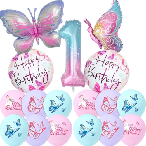 1. Schmetterlingsballon, Geburtstagsdekoration für Mädchen, 96,5 cm, Zahl 1, riesige Schmetterlingsballons, bunt, Farbverlauf, rosa Schmetterling, Folienballon für Fee, 1. Geburtstag, Party-Dekoration von Topartyee