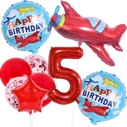 5. 9 Stück Flugzeugballons, rotes Flugzeug, Geburtstag, Zahl 5, Mylar-Folienballon, Flieger-Abenteuer-Thema, 5. Geburtstag, Partyzubehör, Dekorationen (5. Geburtstag) von Topartyee