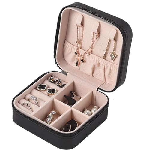 Topershow Schmuckkästchen Klein, Schmuckaufbewahrung Reise, Schmuckschatulle für Mädchen, Jewellery Box Tragbar, Schmuck Reiseetui Organizer für Ohrringe, Ringe,Armbänder, Halsketten (Schwarz) von Topershow