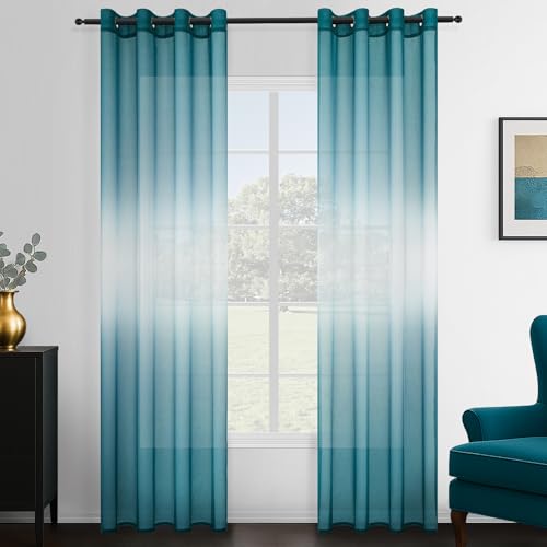 Topfinel Gardinen Kurz für Kinderzimmer Junge Mädchen Vorhänge mit Ösen Türkis und Weiße Farbverlauf Sheer Voile Transparent Durchsichtig für Küche Wohnzimmer Schlafzimmer 140x160 cm (B x H) 2er Set von Topfinel