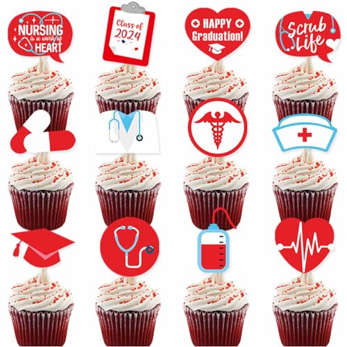 24 Stück Cupcake-Topper für Krankenpfleger, Krankenschwester-Abschluss-Cupcake-Picks für Krankenschwester, medizinische Rn-Motto-Abschluss-Geburtstagsfeier, Kuchendekorationen von Topfunyy