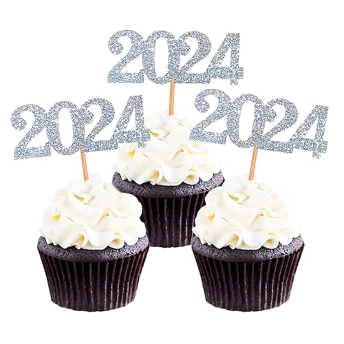24 Stück Neujahrs-Cupcake-Topper, silberfarbene Glitzer-Zahl 2024, Neujahrskuchenaufsätze, Lebensmittel-Dekorationen für 2024, Neujahr, Geburtstag, Abschlussfeier, Hochzeit, Party-Dekorationen von Topfunyy