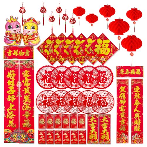 50 Stück chinesische Neujahrsdekorationen, 2024 Drachenjahr Luna Neujahr chinesische Paare rote Laternenumschläge Fu Papier Fensteraufkleber Ornamente Türaufkleber für chinesische Frühlingsfest Party von Topfunyy