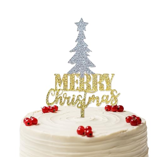 Merry Christmas Cake Topper, Gold Glitter Acryl Weihnachtsbaum Cake Picks für Weihnachten Winter Happy New Year Party Supply Dekoration von Topfunyy