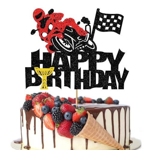 Motorrad-Happy Birthday-Kuchenaufsatz, glitzernder Motorsport-Thema, Geburtstagskuchendekorationen für Männer und Jungen, Geburtstagsparty-Dekorationen von Topfunyy