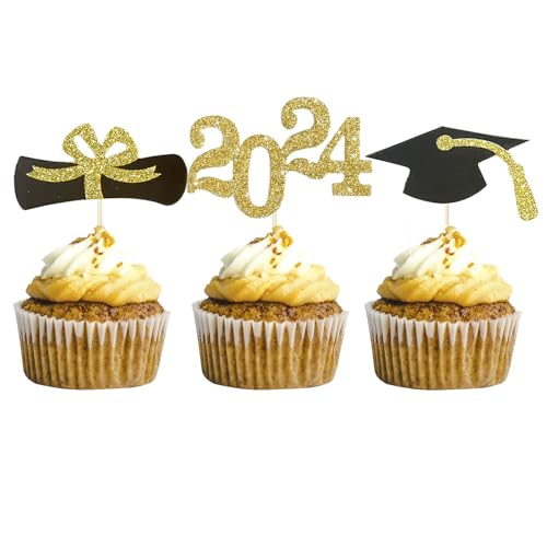 Topfunyy 24 Stück 2024 Graduation Cupcake Topper Congrats Grad Cake Topper mit Diplom, 2024, Grad Cap für Graduate Party Dekorationen Supplies von Topfunyy