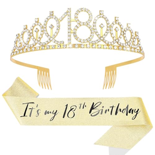 Topfunyy Diadem und Schärpe zum 18. Geburtstag – It's My 18th Birthday Schärpe Glänzende goldene Kristallkrone für Mädchen, Partyzubehör Topfunyy Diadem und Schärpe zum 18. Geburtstag – It's My 18th Birthday Schärpe Glänzende goldene Kristallkrone für Mädchen, Partyzubehör von Topfunyy