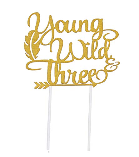 Topfunyy Doppelseitiger Gold-Glitzer-Kuchenaufsatz „Young Wild & Three“ für Wild Three-Boho-Stammes-Motto-Partydekorationen zum 3. Geburtstag von Topfunyy