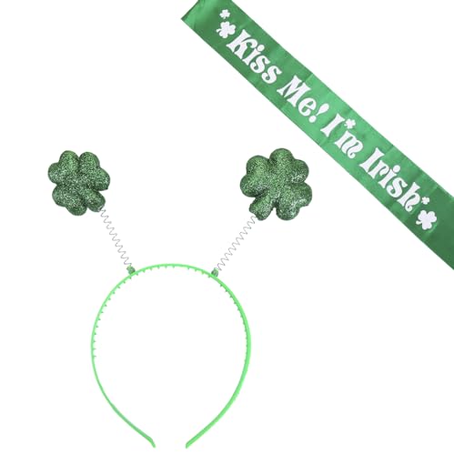 Topfunyy Stirnband mit irischem Kleeblatt zum St. Patrick's Day und Schärpe „Kiss Me I'm Irish“ als Partyzubehör zum St. Patrick's Day von Topfunyy