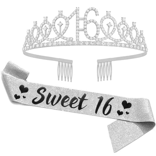 Topfunyy Tiara und Schärpe-Set zum 16. Geburtstag – Sweet 16 Schärpe, silberne Kristallkrone, Geburtstagsgeschenk für Mädchen, Partyzubehör zum 16. Geburtstag von Topfunyy