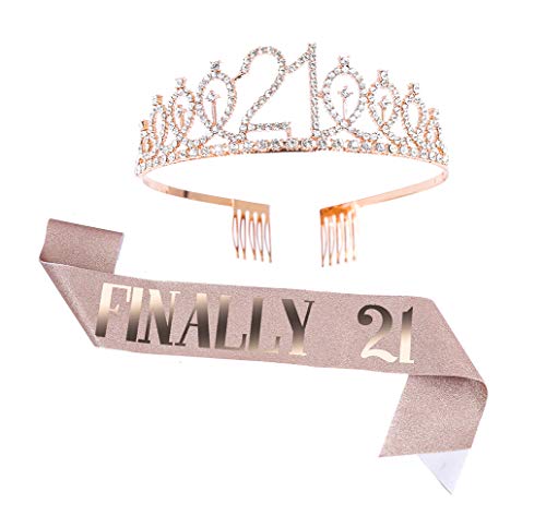 Topfunyy Tiara und Schärpe zum 21. Geburtstag – Finally 21 Roségold Schärpe Kristall Krone Geburtstagsgeschenk für Mädchen 21. Geburtstag Party Supplies von Topfunyy