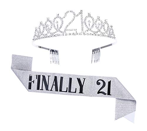 Topfunyy Tiara und Schärpe zum 21. Geburtstag – Finally 21 Silber Schärpe Kristall Krone Geburtstagsgeschenk für Mädchen 21. Geburtstag Party Supplies von Topfunyy