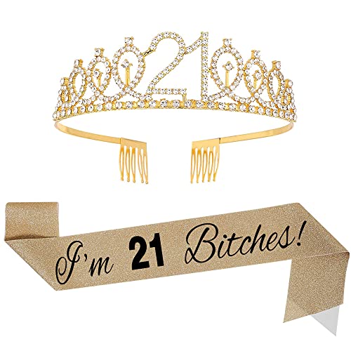 Topfunyy Tiara und Schärpe zum 21. Geburtstag im Set – „I'm 21 Bitches“, glänzende goldene Schärpe, Kristallkrone, Geburtstagsgeschenk für Mädchen, Partyzubehör zum 21. Geburtstag von Topfunyy